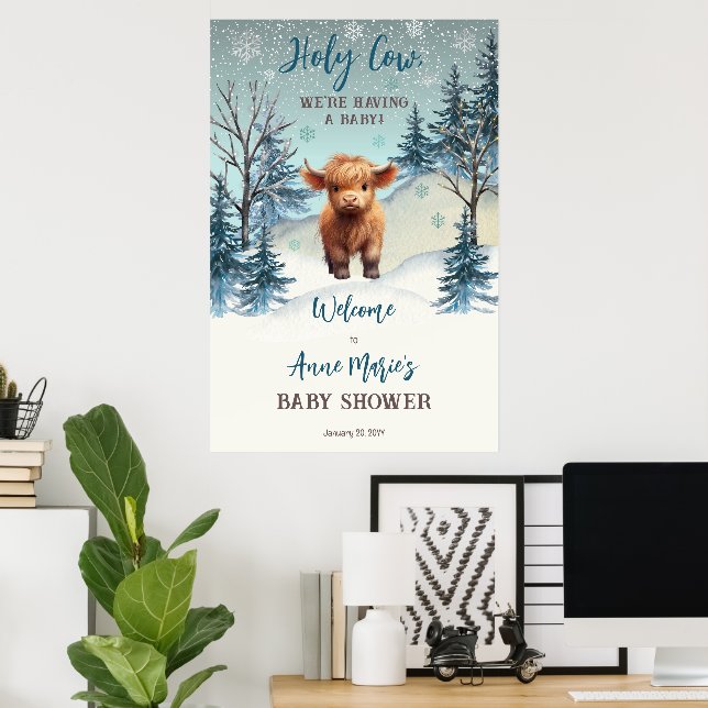 Cute Highland Heliga Cow Winter Baby Shower Sign Poster (Hemmakontoret)