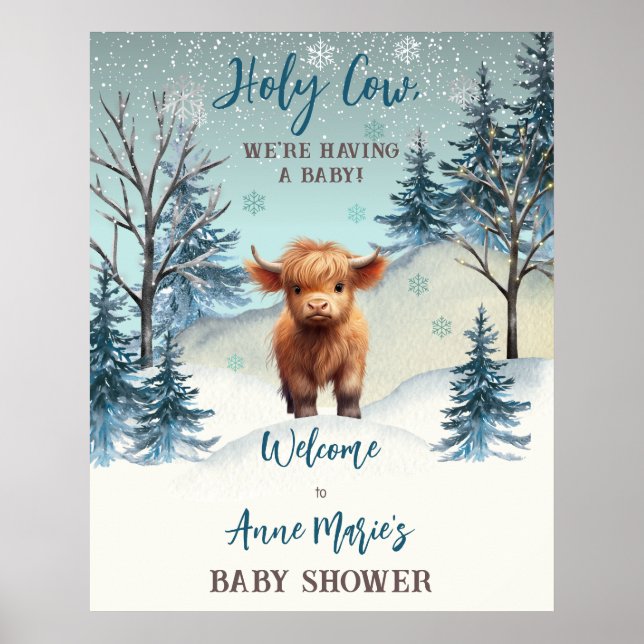 Cute Highland Heliga Cow Winter Baby Shower Sign Poster (Framsidan)