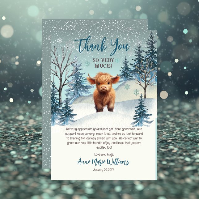 Cute Highland Heliga Cow Winter Baby Shower Tack Kort (Cute Highland Calf Winter Woodland Thank You Card -- Holy Cow Series)