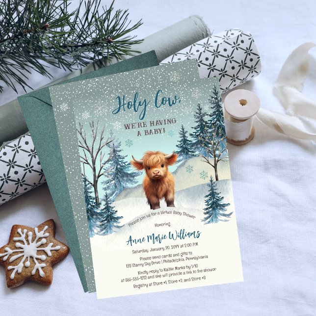 Cute Highland Heliga Cow Winter Virtuell Baby Show Inbjudningar (Cute Highland Calf "Holy Cow, We're Having a Baby!" Winter Baby Shower Invitation)