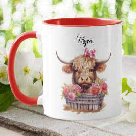 Cute Highland Rosa Blommigt Watercolor Valentine Mugg