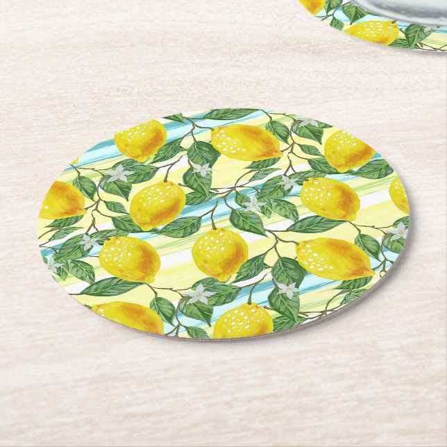 Cute Hip Tropical Summer Lemon Fruit Art Mönster Underlägg Papper Rund (Vinklad)