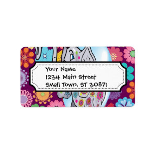 Cute Hippie Elephant med färgstarka blommor Adressetikett