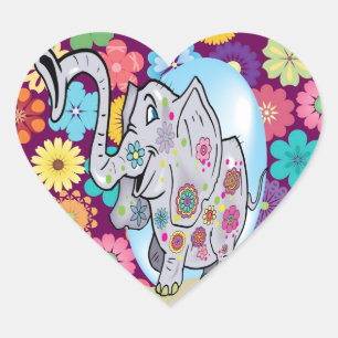 Cute Hippie Elephant med färgstarka blommor Hjärtformat Klistermärke