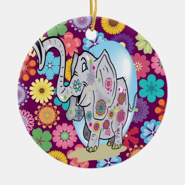 Cute Hippie Elephant med färgstarka blommor Julgransprydnad Keramik (Framsidan)