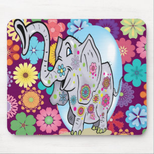 Cute Hippie Elephant med färgstarka blommor Musmatta