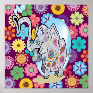 Cute Hippie Elephant med färgstarka blommor Poster