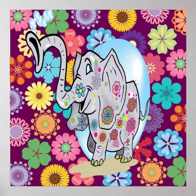Cute Hippie Elephant med färgstarka blommor Poster (Framsidan)