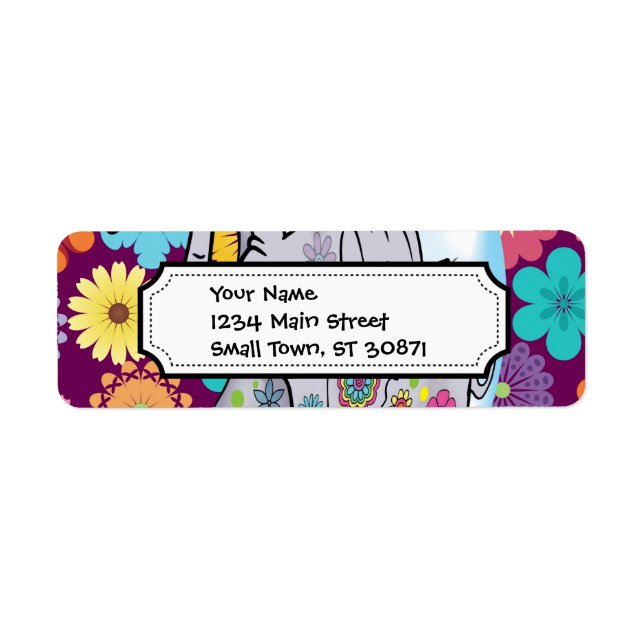 Cute Hippie Elephant med färgstarka blommor Returadress Etikett (Framsidan)