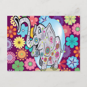 Cute Hippie Elephant med färgstarka blommor Vykort