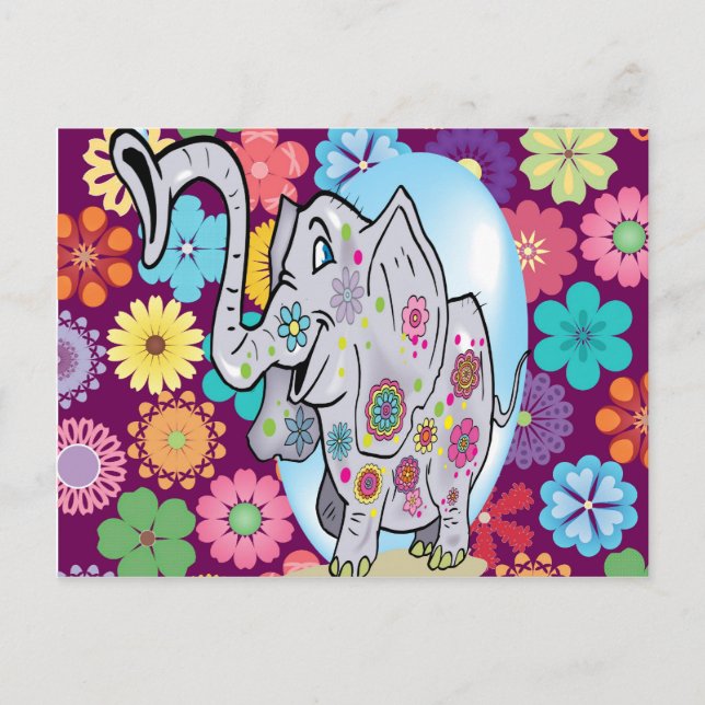 Cute Hippie Elephant med färgstarka blommor Vykort (Framsida)
