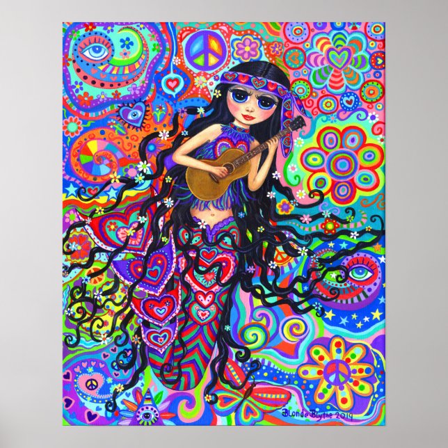 Cute Hippie Sjöjungfru Girl Doll Guitar Poster (Framsidan)