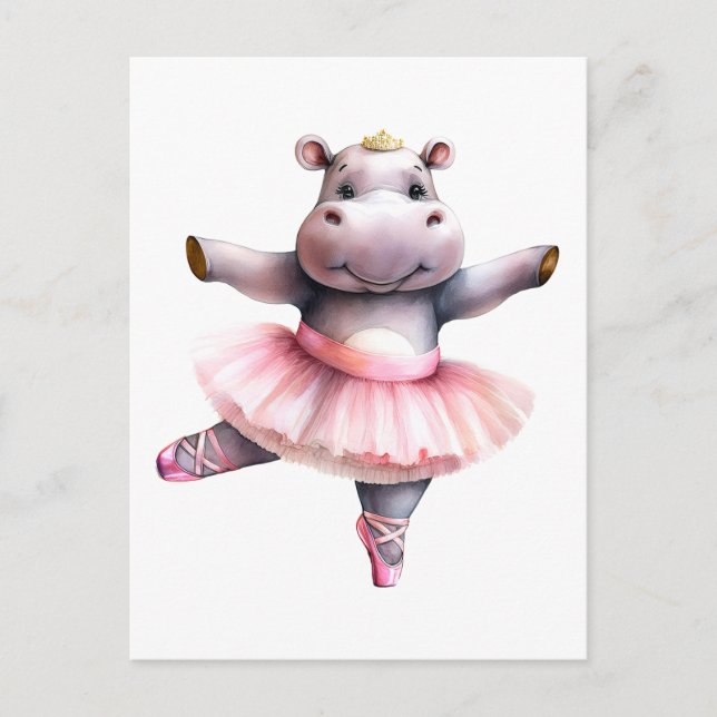 Cute hippo ballerina dansballet helg vykort (Framsida)