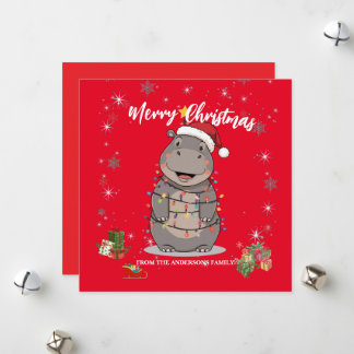 Cute Hippo Christmas tree zoo safari Xmas plaid pa Julkort