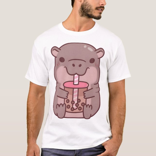 Cute Hippo Drinking Bubble Tea T Shirt (Framsida)