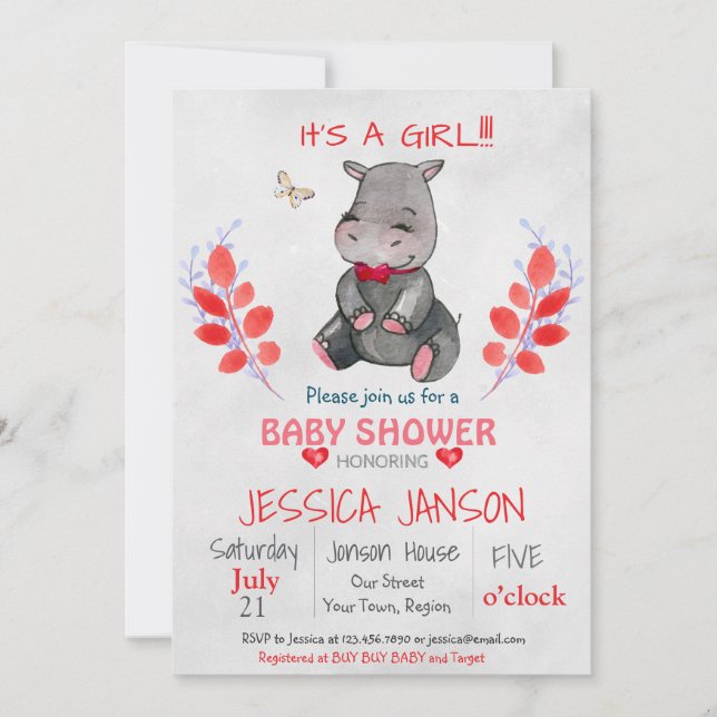 CUTE HIPPO GIRL BABY SHOWER-INBJUDAN INBJUDNINGAR (Framsida)