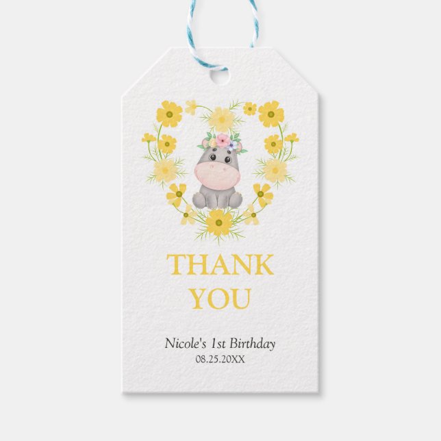 Cute Hippo Gult Flower Heart Birday Tack Presentetikett (Framsidan)