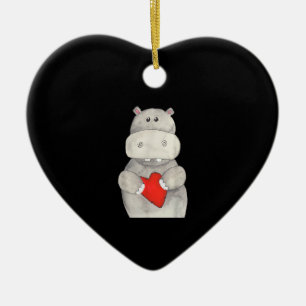 Cute Hippo Hippopotamus Holding Heart Kärlek Hip Julgransprydnad Keramik