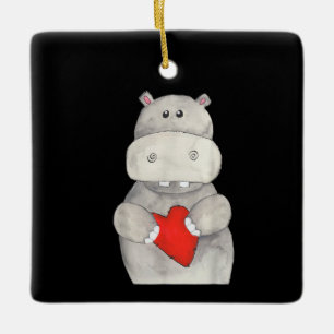 Cute Hippo Hippopotamus Holding Heart Kärlek Hip Julgransprydnad Keramik