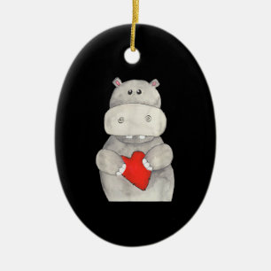 Cute Hippo Hippopotamus Holding Heart Kärlek Hip Julgransprydnad Keramik