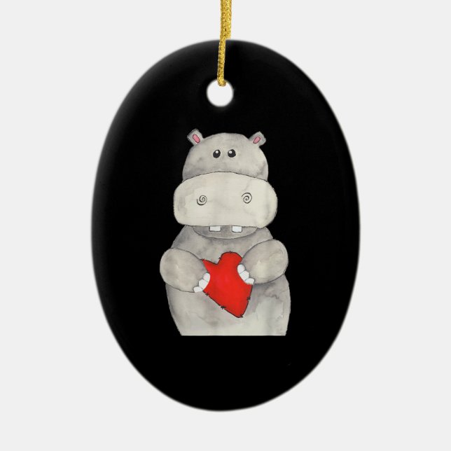 Cute Hippo Hippopotamus Holding Heart | Kärlek Hip Julgransprydnad Keramik (Framsidan)