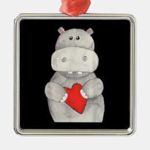 Cute Hippo Hippopotamus Holding Heart   Kärlek Hip Julgransprydnad Metall