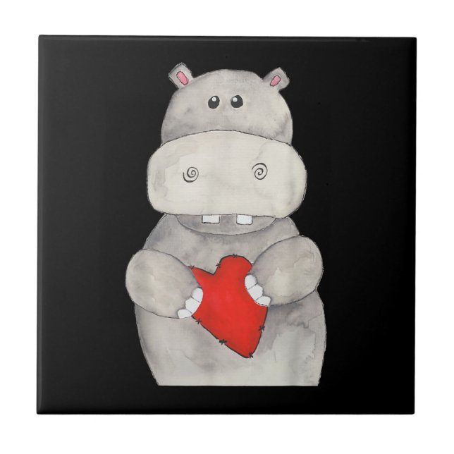 Cute Hippo Hippopotamus Holding Heart | Kärlek Hip Kakelplatta (Framsidan)