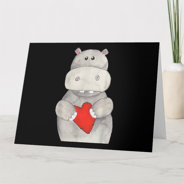 Cute Hippo Hippopotamus Holding Heart | Kärlek Hip Kort (Framsida)