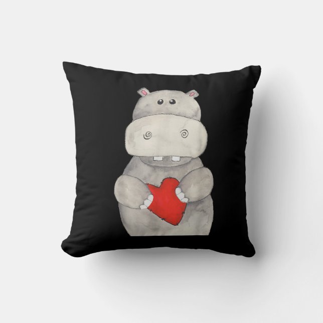 Cute Hippo Hippopotamus Holding Heart | Kärlek Hip Kudde (Framsida)