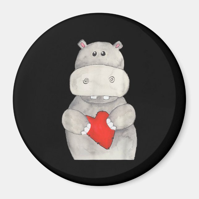 Cute Hippo Hippopotamus Holding Heart | Kärlek Hip Magnet (Framsidan)