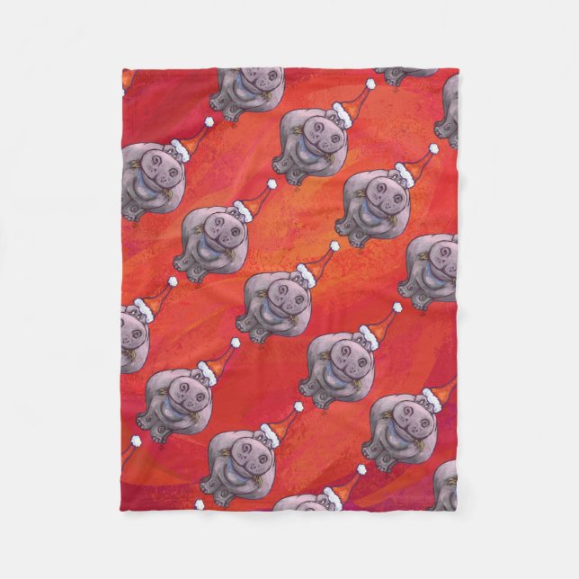 Cute Hippo i Santa Hat Mönster på Red Fleecefilt (Framsidan)