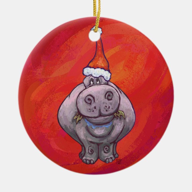 Cute Hippo i Santa Hat på Red Julgransprydnad Keramik (Framsidan)