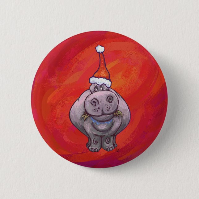 Cute Hippo i Santa Hat på Red Knapp (Framsida)