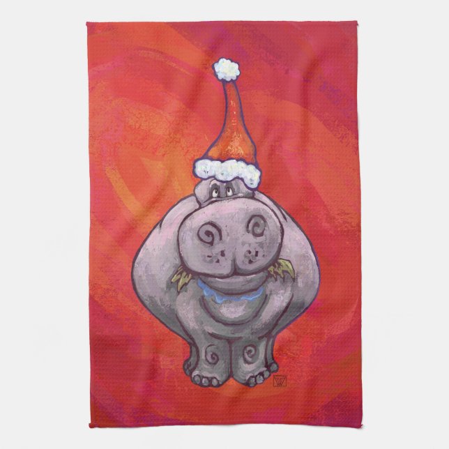 Cute Hippo i Santa Hat på Red Kökshandduk (Vertikal)