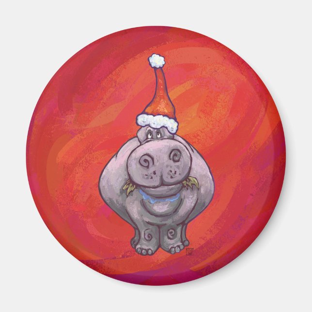 Cute Hippo i Santa Hat på Red Magnet (Framsidan)