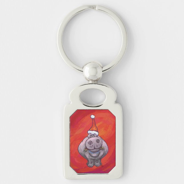 Cute Hippo i Santa Hat på Red Rektangulärt Silverfärgad Nyckelring (Framsidan)