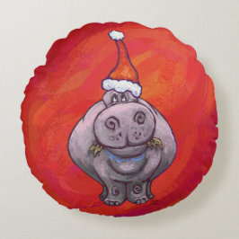 Cute Hippo i Santa Hat på Red Rund Kudde