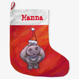 Cute Hippo i Santa Hat på Red Stor Julstrumpa