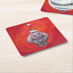 Cute Hippo i Santa Hat på Red Underlägg Papper Kvadrat