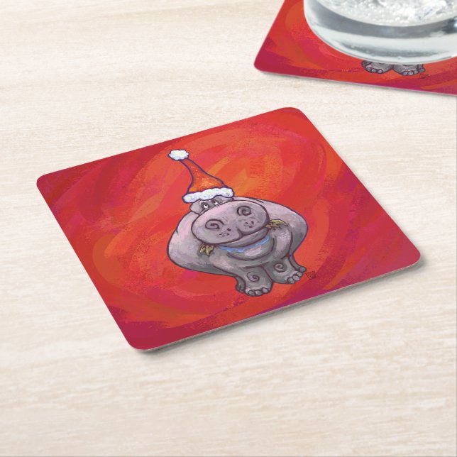 Cute Hippo i Santa Hat på Red Underlägg Papper Kvadrat (Vinklad)
