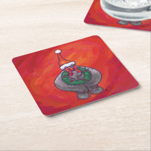 Cute Hippo i Santa Hat på Red Underlägg Papper Kvadrat