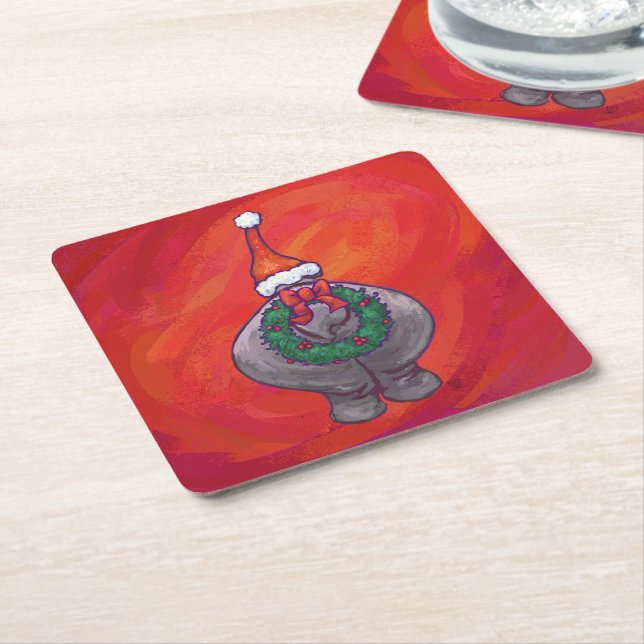 Cute Hippo i Santa Hat på Red Underlägg Papper Kvadrat (Vinklad)