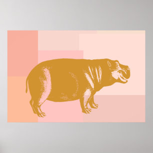 Cute Hippo Illustration i Rosa och Guld Poster