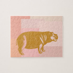 Cute Hippo Illustration i Rosa och Guld Pussel