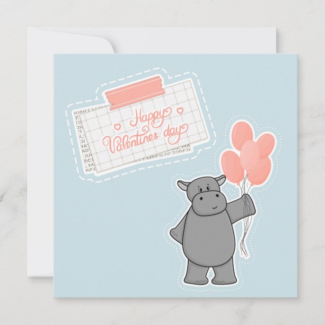 Cute hippo med ballonger och Alla hjärtans dag Kort (Framsida)