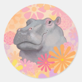 Cute Hippo med blommor Runt Klistermärke