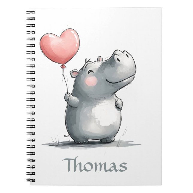 Cute Hippo med hjärtballonbelysning Anteckningsbok (Framsidan)
