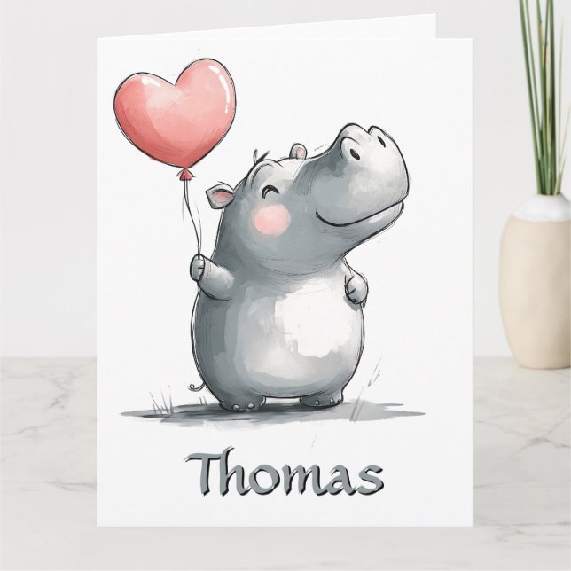 Cute Hippo med hjärtballonbelysning Kort (Framsida)