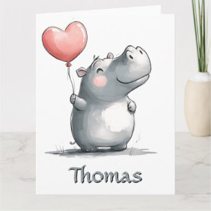 Cute Hippo med hjärtballonbelysning Kort