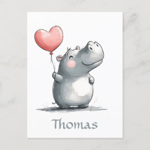 Cute Hippo med hjärtballonbelysning Vykort